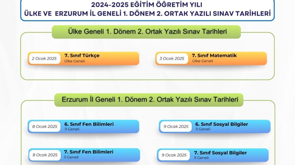 2024-2025 EĞİTİM ÖĞRETİM YILI 1.DÖNEM 2.YAZILI ORTAK SINAV TARİHLERİ